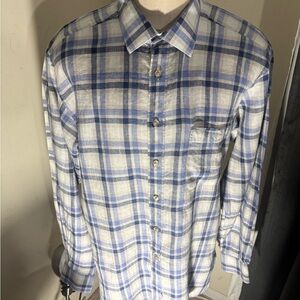 Men's Blue and White Plaid 💯 LINEN Size XL Long Sleeves Shirt(123)